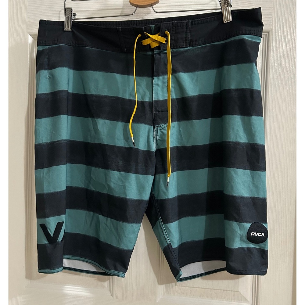 RVCA Mens Performance Stretch Board Shorts Green Black Striped Swim Trunks‎ 36